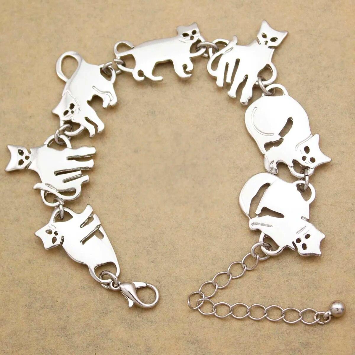 Multiple Cats Charm Bracelet, Black/Silver/Gold - Just Cats - Gifts for Cat Lovers