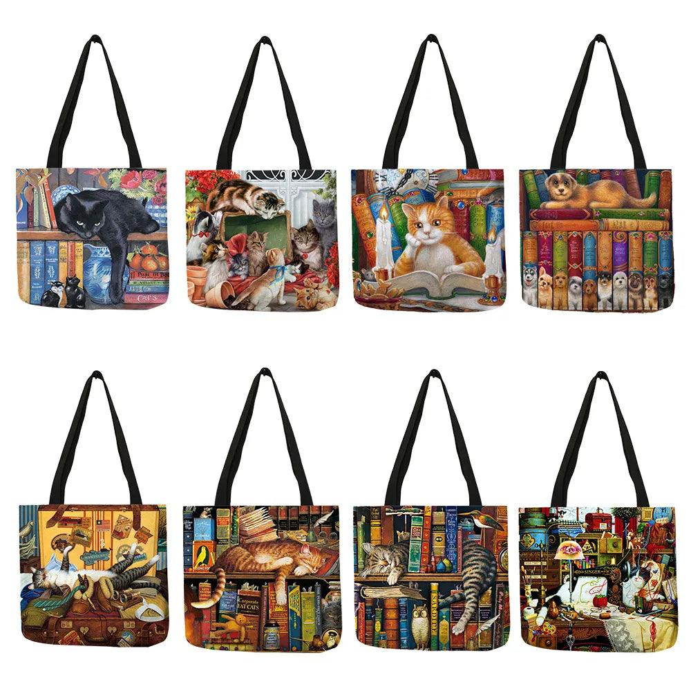 Oil Painting Cat Printed Linen Tote Bag/Shopping Bag - Just Cats - Gifts for Cat Lovers