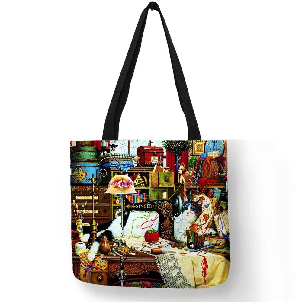 Oil Painting Cat Printed Linen Tote Bag/Shopping Bag - Just Cats - Gifts for Cat Lovers