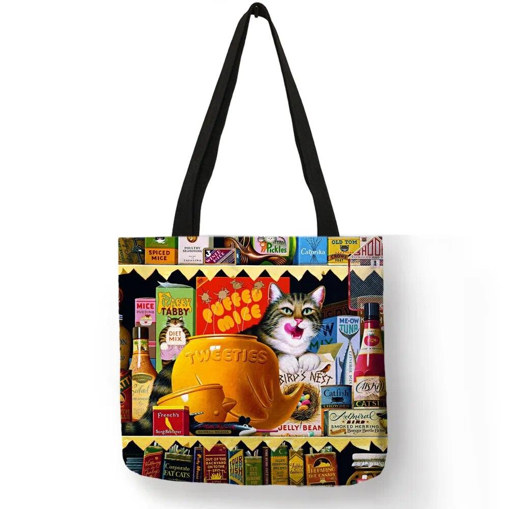 Oil Painting Cat Printed Linen Tote Bag/Shopping Bag - Just Cats - Gifts for Cat Lovers