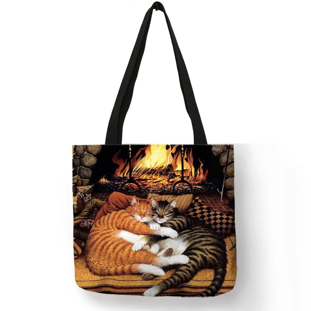 Oil Painting Cat Printed Linen Tote Bag/Shopping Bag - Just Cats - Gifts for Cat Lovers