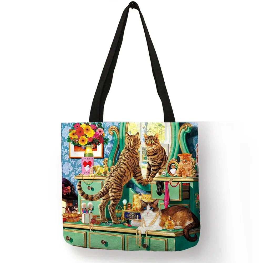 Oil Painting Cat Printed Linen Tote Bag/Shopping Bag - Just Cats - Gifts for Cat Lovers