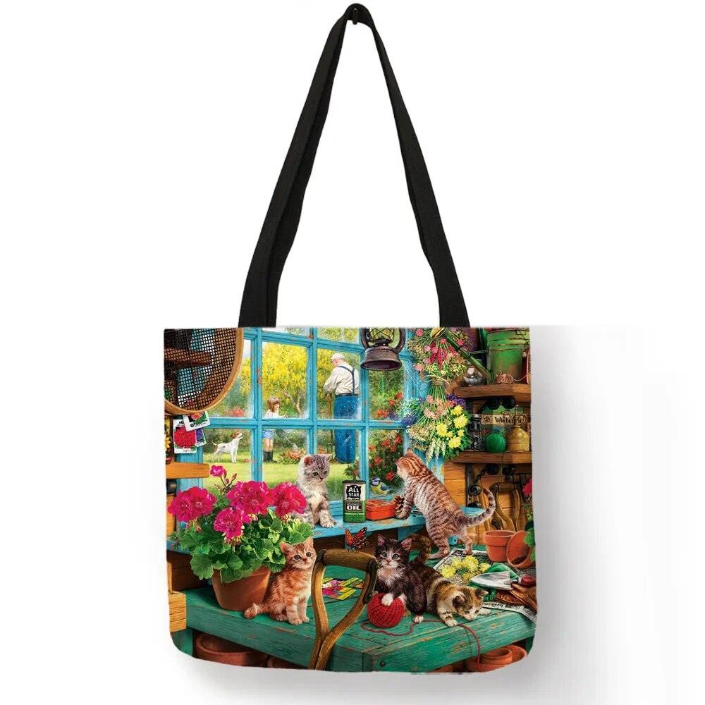 Oil Painting Cat Printed Linen Tote Bag/Shopping Bag - Just Cats - Gifts for Cat Lovers