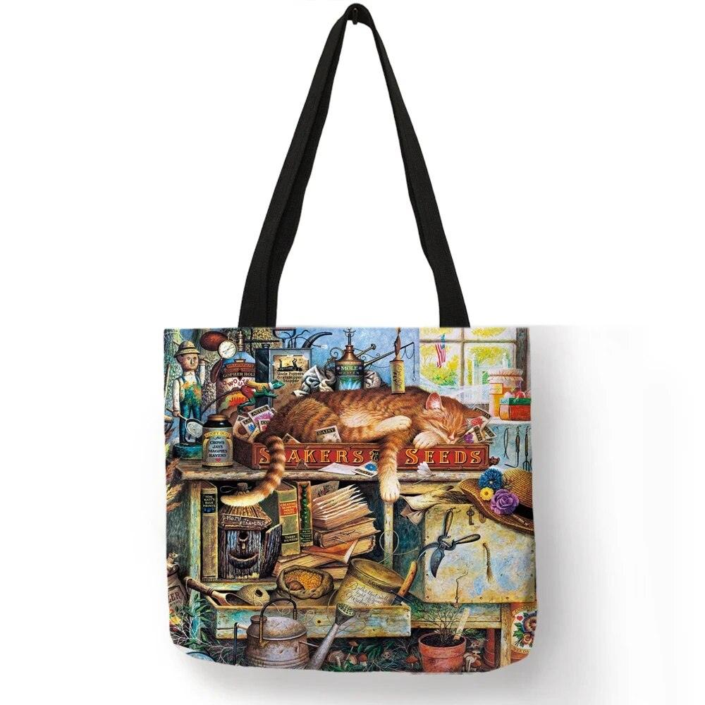 Oil Painting Cat Printed Linen Tote Bag/Shopping Bag - Just Cats - Gifts for Cat Lovers