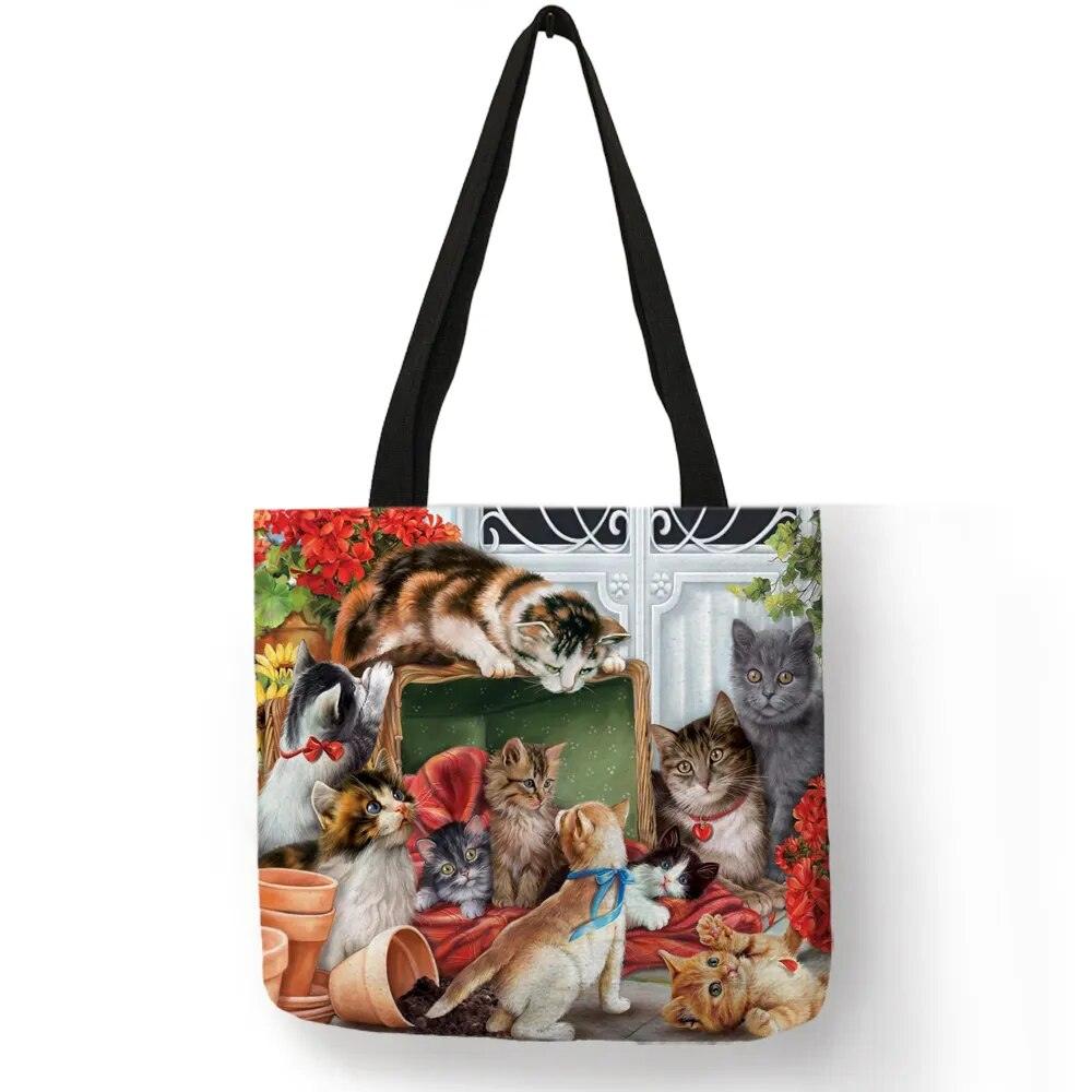 Oil Painting Cat Printed Linen Tote Bag/Shopping Bag - Just Cats - Gifts for Cat Lovers