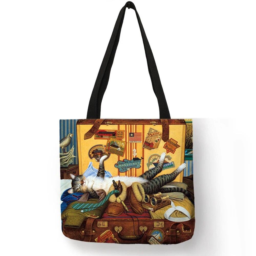 Oil Painting Cat Printed Linen Tote Bag/Shopping Bag - Just Cats - Gifts for Cat Lovers