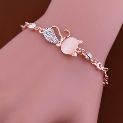 Pink Opal And Rhinstone Cat Adjustable Bracelet - Just Cats - Gifts for Cat Lovers