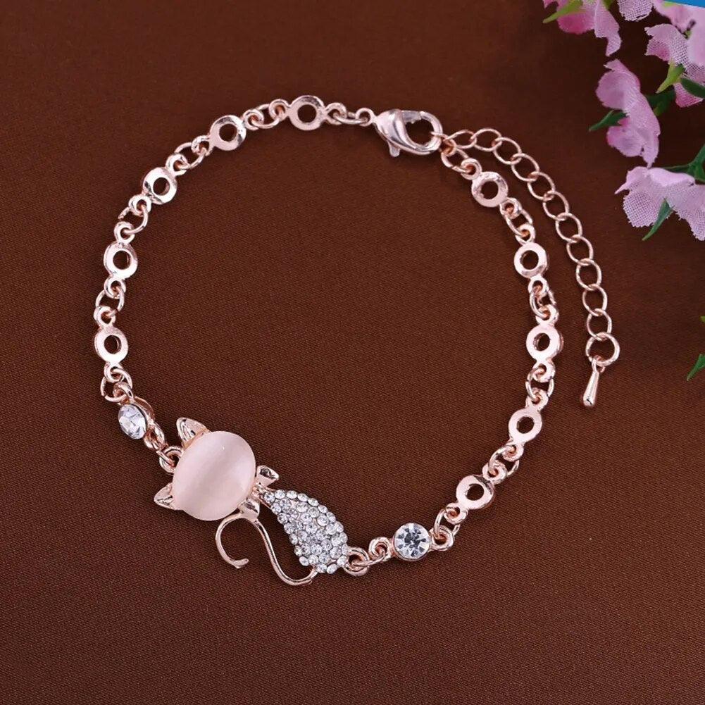 Pink Opal And Rhinstone Cat Adjustable Bracelet - Just Cats - Gifts for Cat Lovers