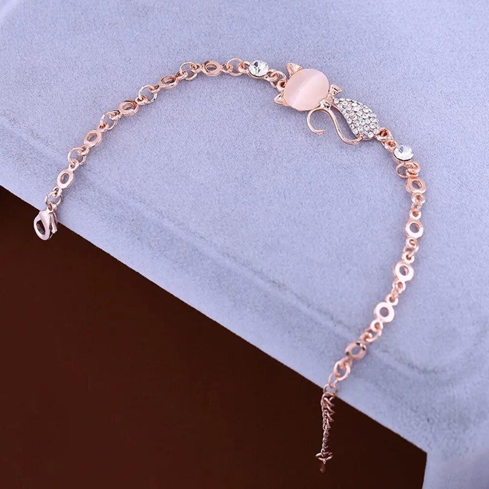 Pink Opal And Rhinstone Cat Adjustable Bracelet - Just Cats - Gifts for Cat Lovers