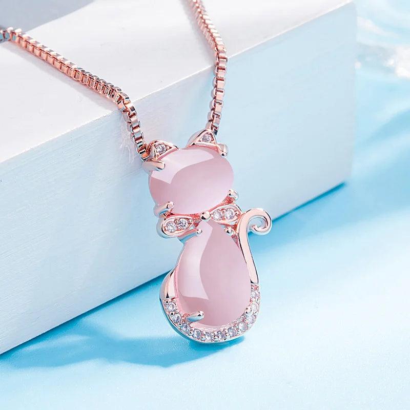 Quartz and Zirconia 925 Silver Cat Pendant Necklace, 3 Colors - Just Cats - Gifts for Cat Lovers