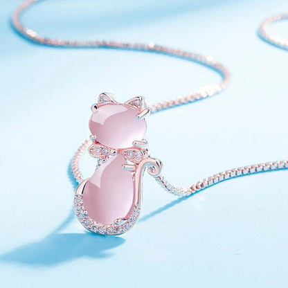 Quartz and Zirconia 925 Silver Cat Pendant Necklace, 3 Colors - Just Cats - Gifts for Cat Lovers