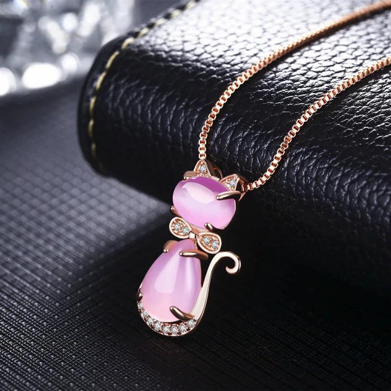 Quartz and Zirconia 925 Silver Cat Pendant Necklace, 3 Colors - Just Cats - Gifts for Cat Lovers