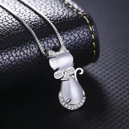 Quartz and Zirconia 925 Silver Cat Pendant Necklace, 3 Colors - Just Cats - Gifts for Cat Lovers