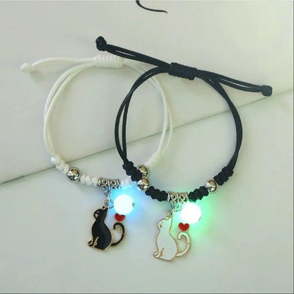 Rope Charm Pair of Bracelets With Cat Couple And Glowing Beads - Just Cats - Gifts for Cat Lovers