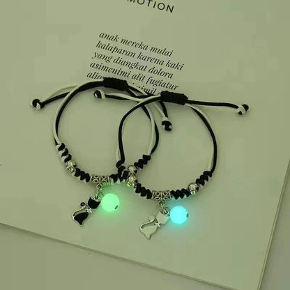 Rope Charm Pair of Bracelets With Cat Couple And Glowing Beads - Just Cats - Gifts for Cat Lovers