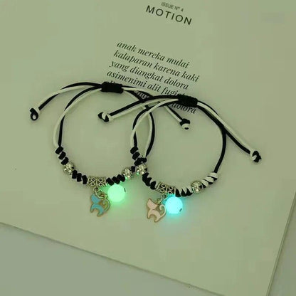 Rope Charm Pair of Bracelets With Cat Couple And Glowing Beads - Just Cats - Gifts for Cat Lovers