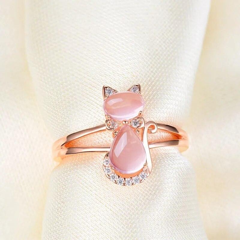 Rose Gold Pink Quartz and Zirconia Cat Ring - Just Cats - Gifts for Cat Lovers