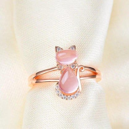 Rose Gold Pink Quartz and Zirconia Cat Ring - Just Cats - Gifts for Cat Lovers