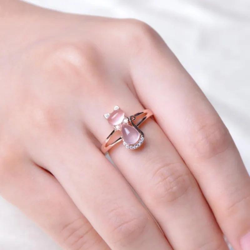 Rose Gold Pink Quartz and Zirconia Cat Ring - Just Cats - Gifts for Cat Lovers