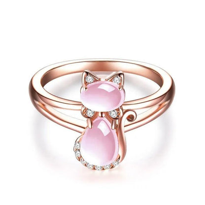 Rose Gold Pink Quartz and Zirconia Cat Ring - Just Cats - Gifts for Cat Lovers