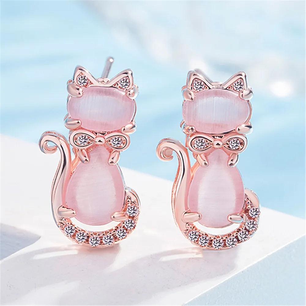 Rose Gold Pink Quartz and Zirconia Stud Earrings - Just Cats - Gifts for Cat Lovers