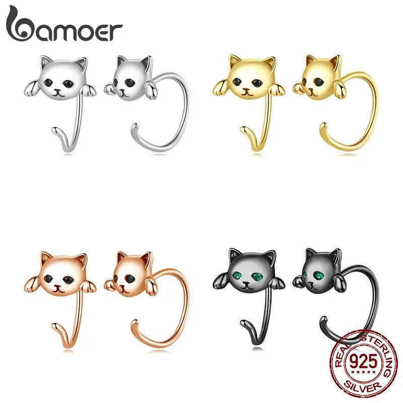 silver and Zircon Cat Stud earrings 4 colors - Just Cats - Gifts for Cat Lovers