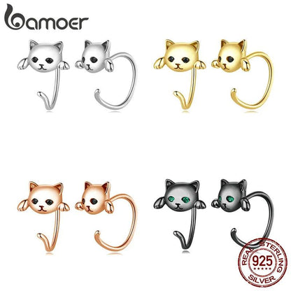 silver and Zircon Cat Stud earrings 4 colors - Just Cats - Gifts for Cat Lovers