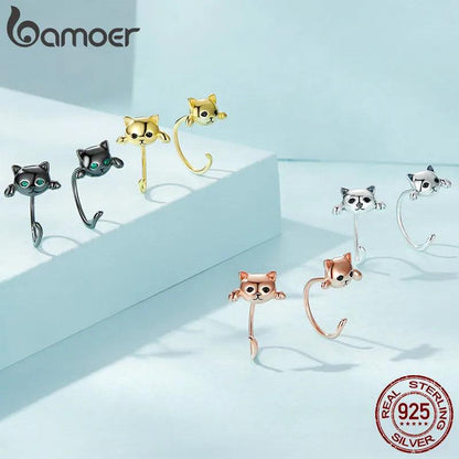 silver and Zircon Cat Stud earrings 4 colors - Just Cats - Gifts for Cat Lovers