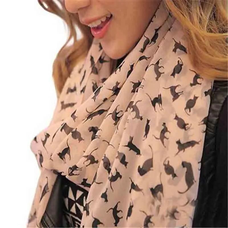 Small Cats Printed Shawl Scarf, Black/Khaki/Pink - Just Cats - Gifts for Cat Lovers