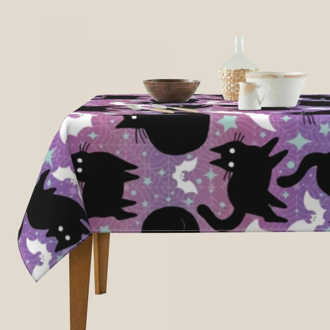 Spider Web Black Cat Linen Tablecloth Halloween Print Party Holiday Decoration Tablecloth Washable Rectangular Tablecloth - Just Cats - Gifts for Cat Lovers