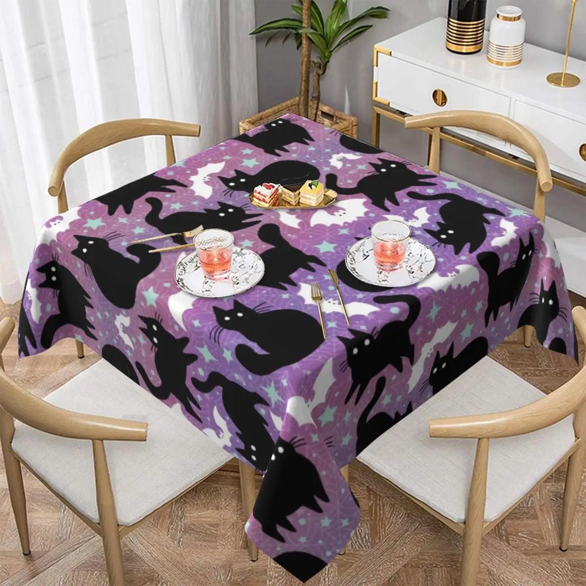 Spider Web Black Cat Linen Tablecloth Halloween Print Party Holiday Decoration Tablecloth Washable Rectangular Tablecloth - Just Cats - Gifts for Cat Lovers