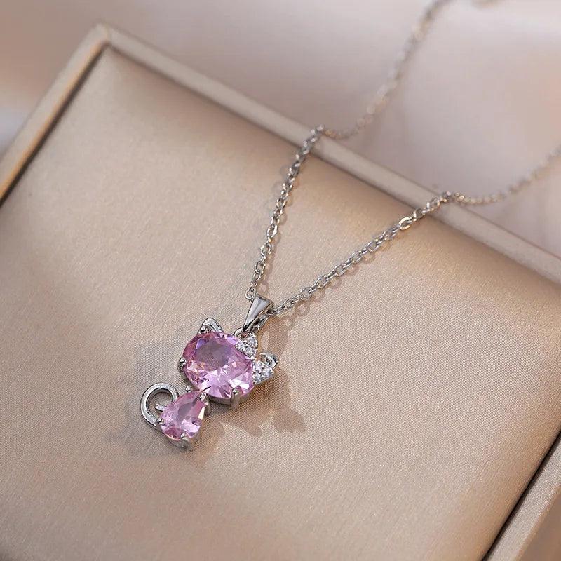 Stainless Steel &amp; Zircon Small Cat Pendant Necklace, 2 Colors - Just Cats - Gifts for Cat Lovers