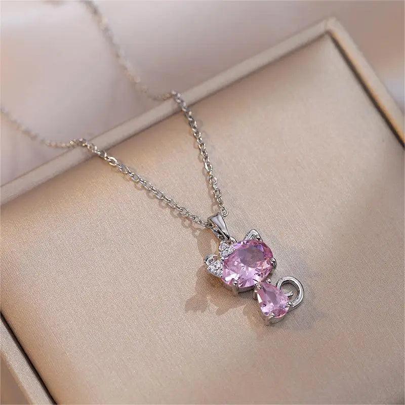 Stainless Steel &amp; Zircon Small Cat Pendant Necklace, 2 Colors - Just Cats - Gifts for Cat Lovers