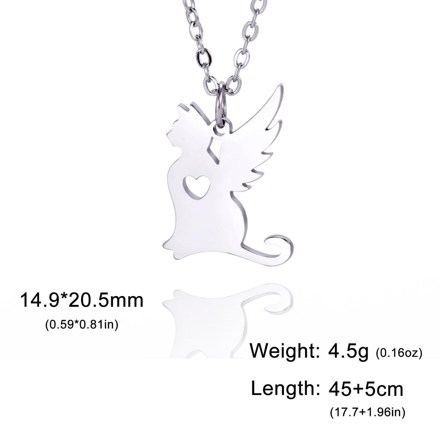 Stainless Steel Angel Cat Necklace with Heart Gold/Silver - Just Cats - Gifts for Cat Lovers