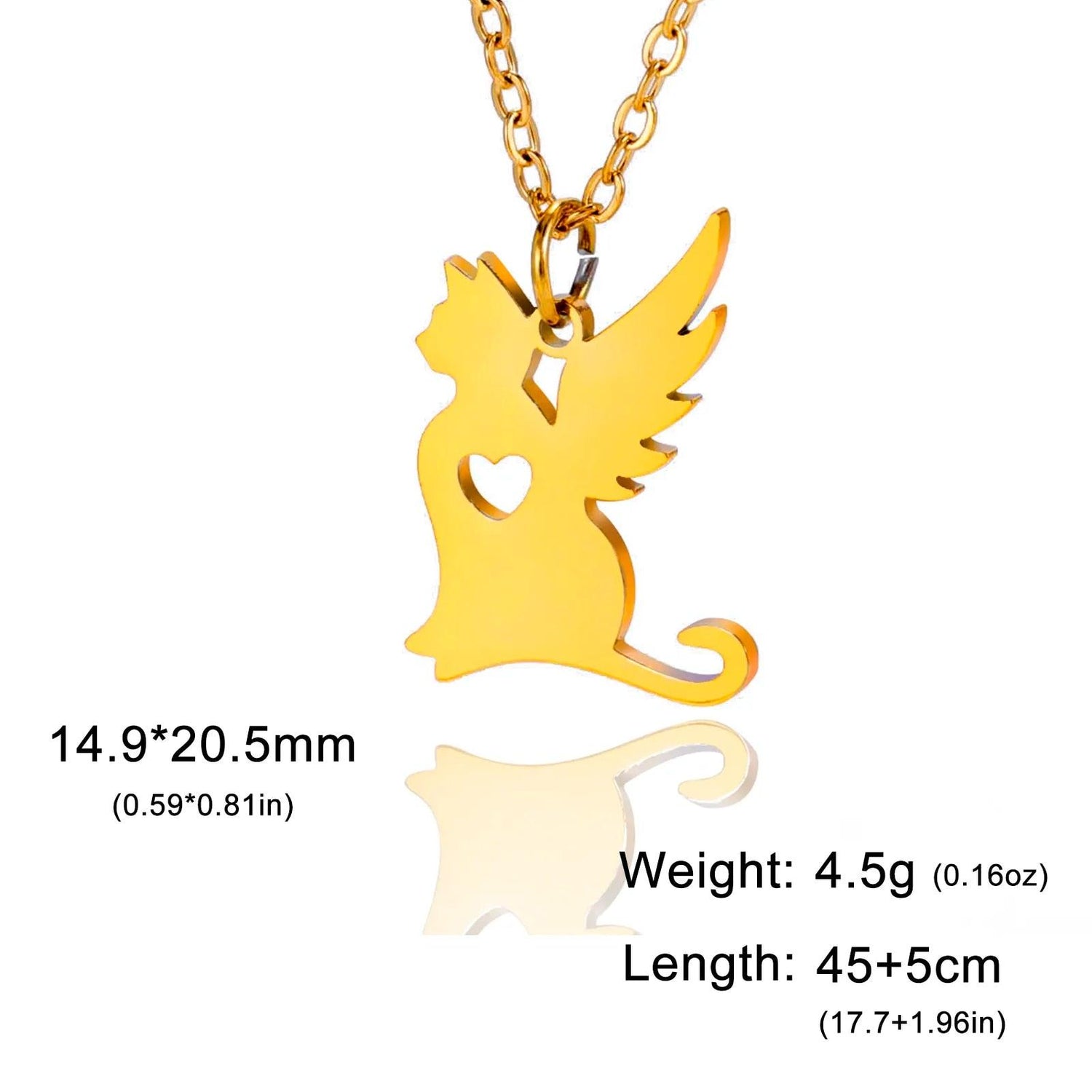 Stainless Steel Angel Cat Necklace with Heart Gold/Silver - Just Cats - Gifts for Cat Lovers