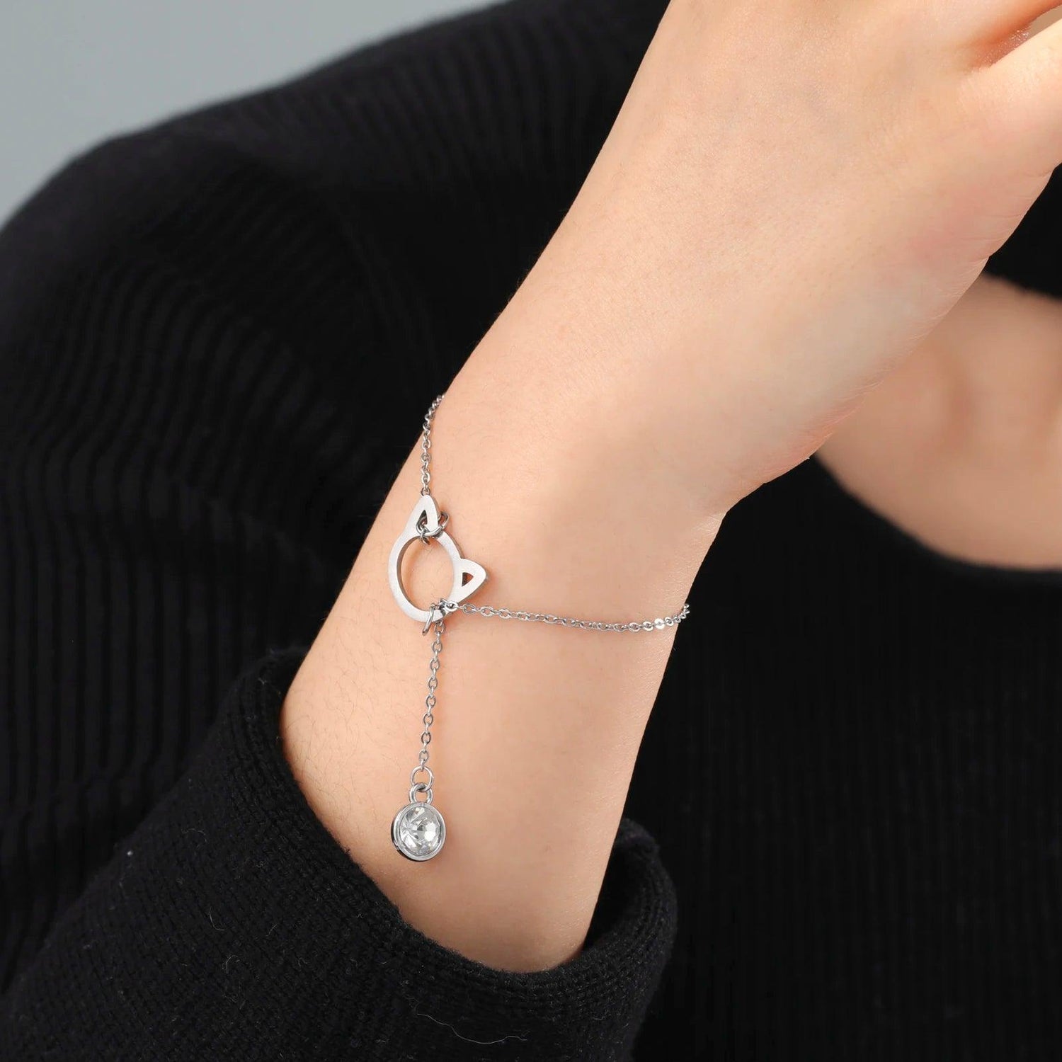 Stainless Steel cat head and Crystal Chain Bracelet - Just Cats - Gifts for Cat Lovers