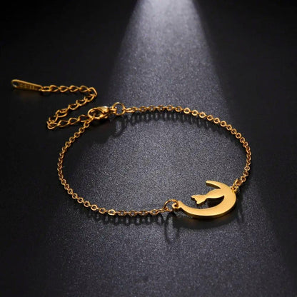 Stainless Steel Crescent Moon Cat charm Bracelets, Silver/Gold - Just Cats - Gifts for Cat Lovers