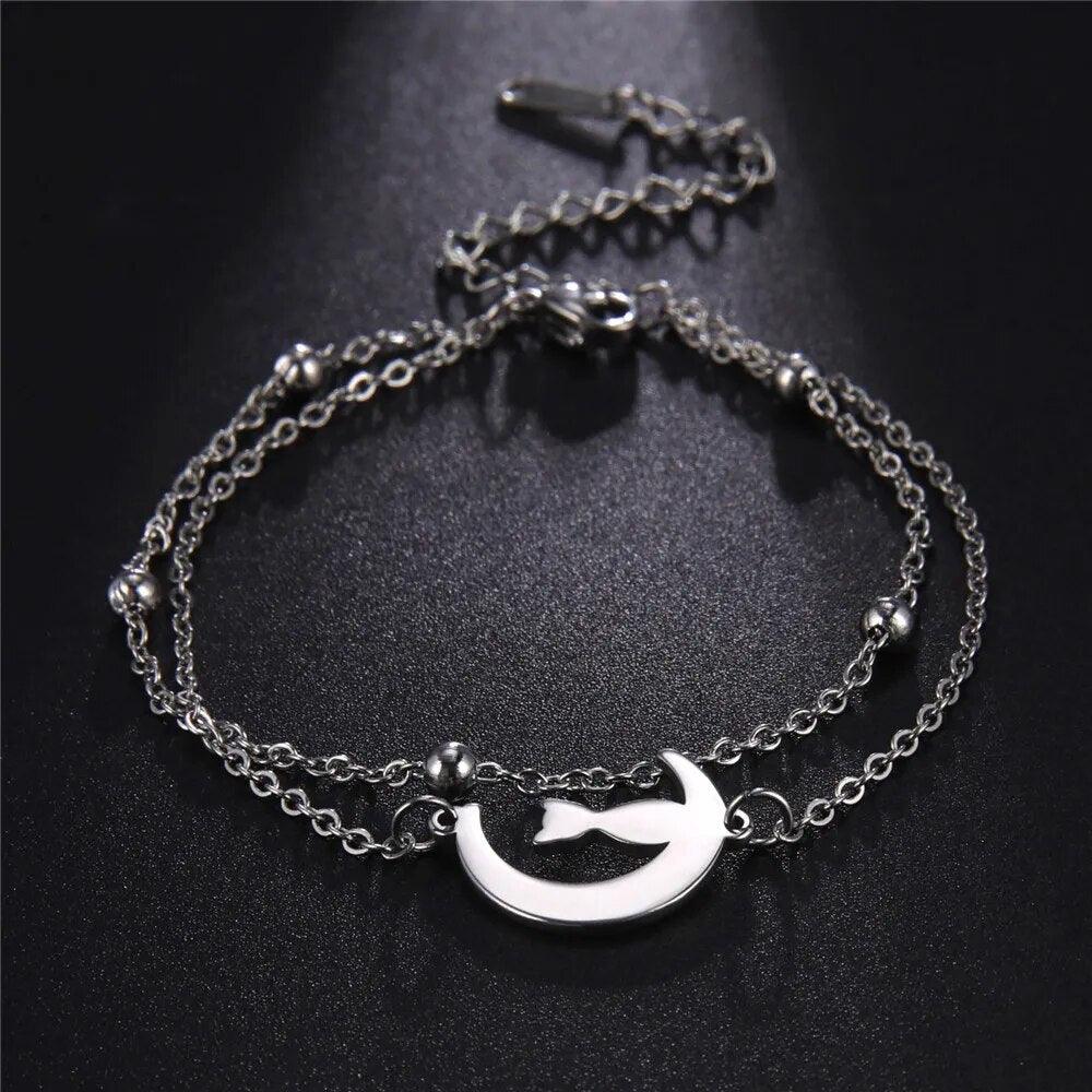 Stainless Steel Crescent Moon Cat charm Bracelets, Silver/Gold - Just Cats - Gifts for Cat Lovers