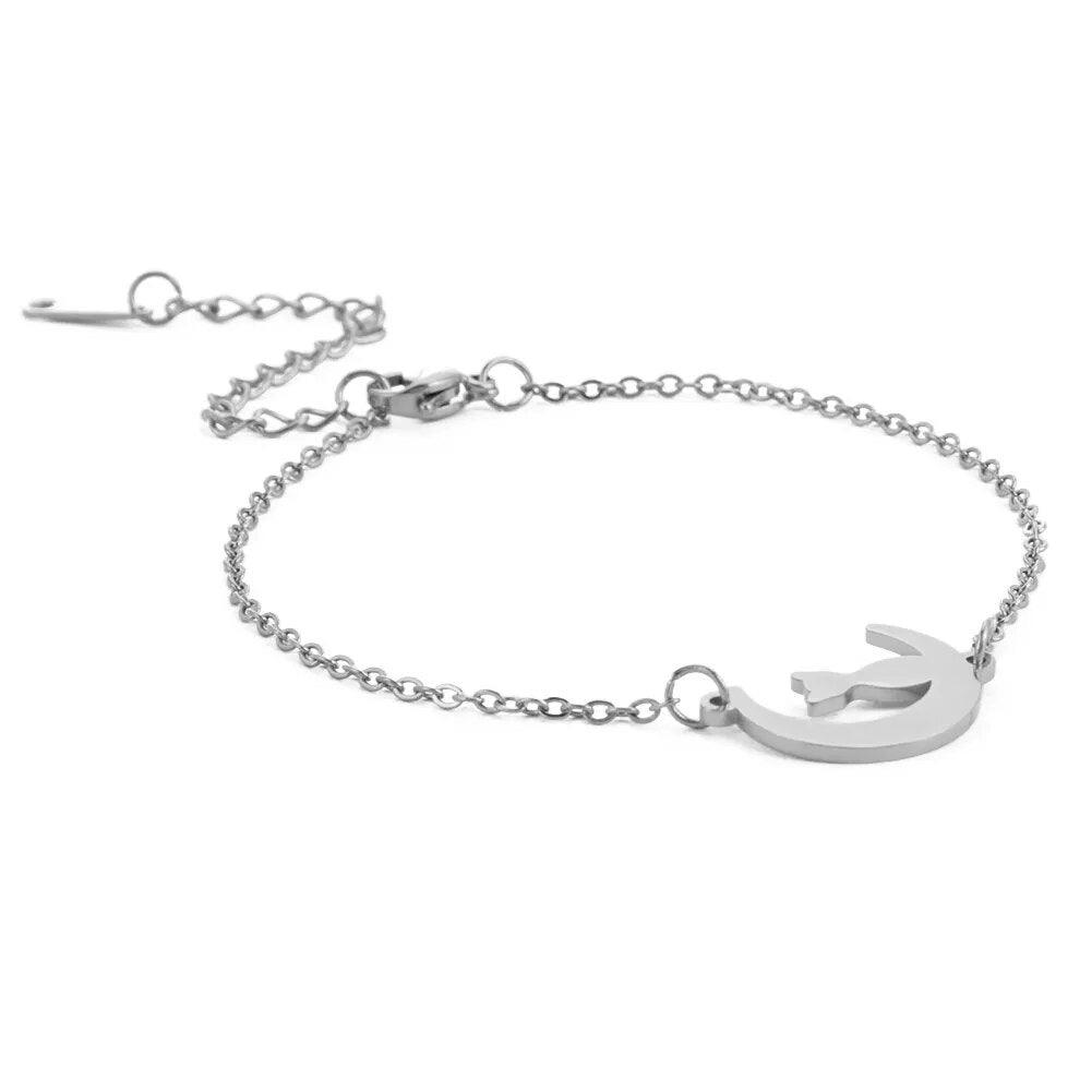 Stainless Steel Crescent Moon Cat charm Bracelets, Silver/Gold - Just Cats - Gifts for Cat Lovers