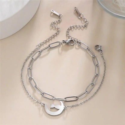 Stainless Steel Crescent Moon Cat charm Bracelets, Silver/Gold - Just Cats - Gifts for Cat Lovers