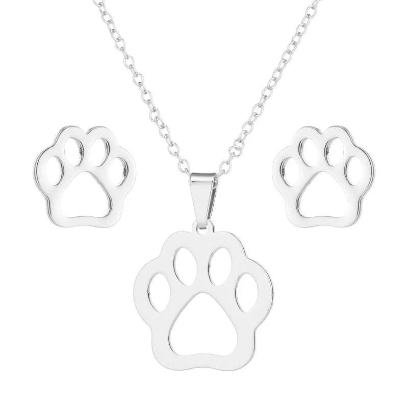 Stainless Steel Hollow Paw/Cat Necklace &amp; Earring set - Just Cats - Gifts for Cat Lovers