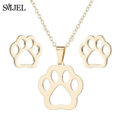 Stainless Steel Hollow Paw/Cat Necklace &amp; Earring set - Just Cats - Gifts for Cat Lovers