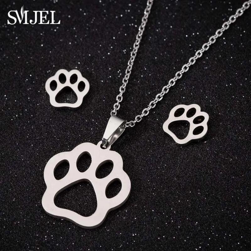 Stainless Steel Hollow Paw/Cat Necklace &amp; Earring set - Just Cats - Gifts for Cat Lovers