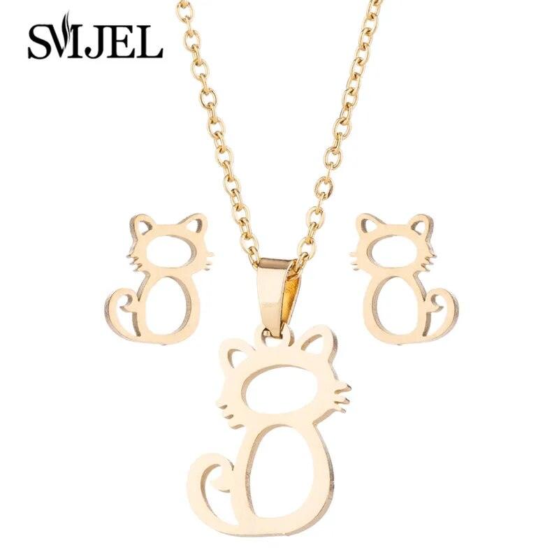 Stainless Steel Hollow Paw/Cat Necklace &amp; Earring set - Just Cats - Gifts for Cat Lovers