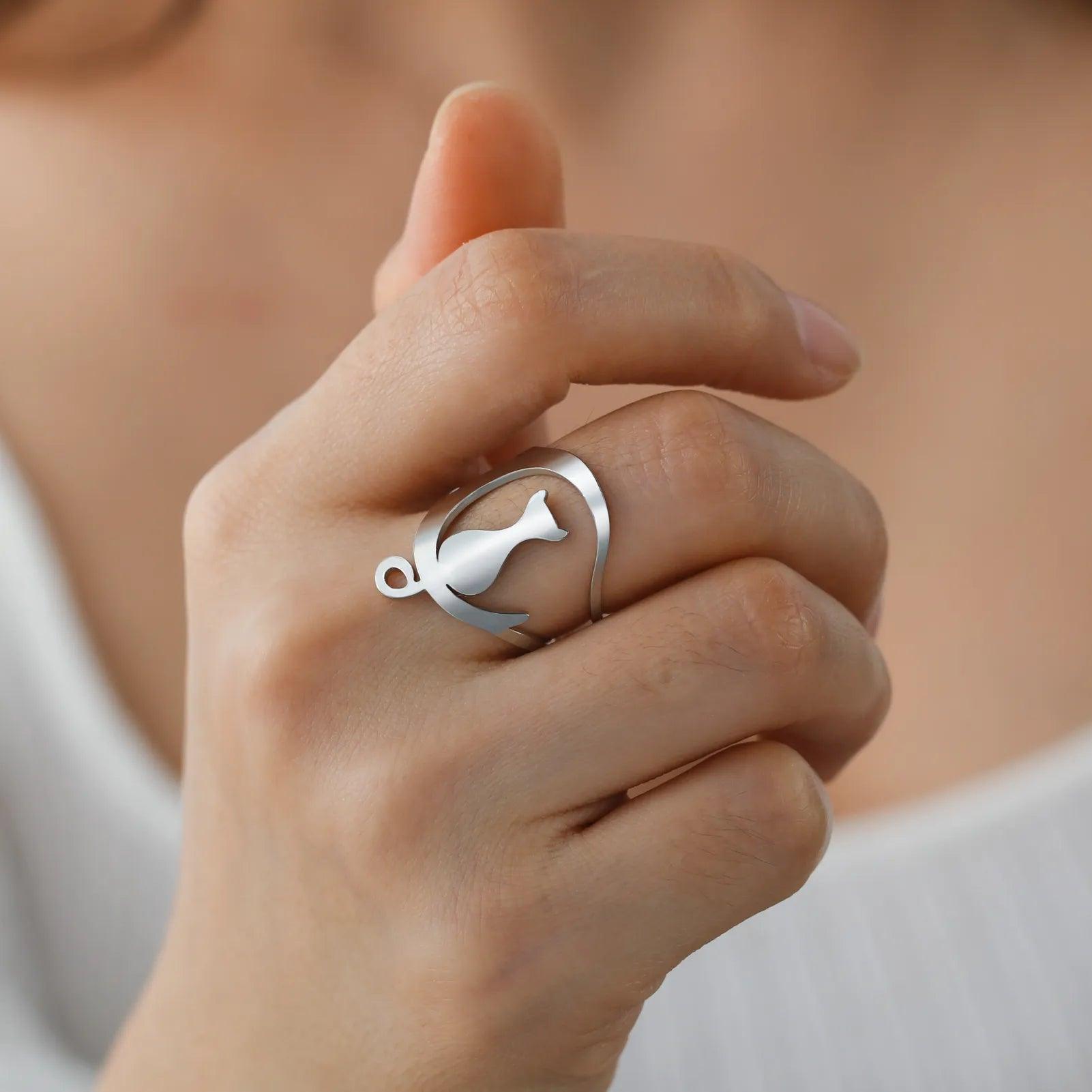 Stainless Steel Moon and Cat Ring, Adjustable - Just Cats - Gifts for Cat Lovers