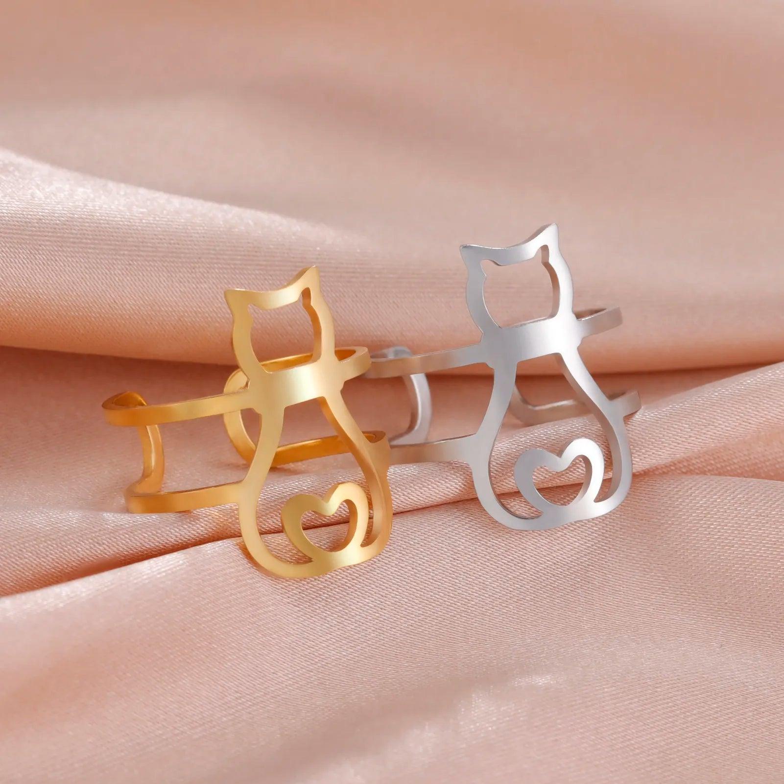 Stainless Steel Moon and Cat Ring, Adjustable - Just Cats - Gifts for Cat Lovers