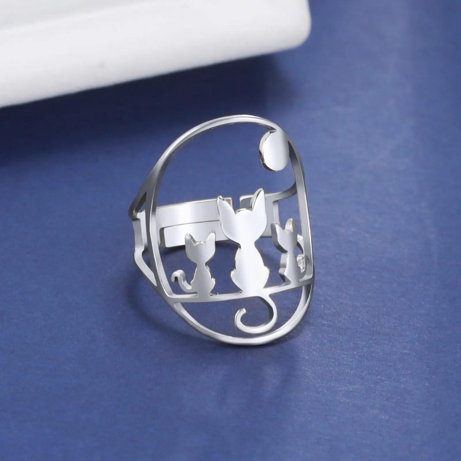 Stainless Steel Ring 2 or 3 cats, Adjustable - Just Cats - Gifts for Cat Lovers