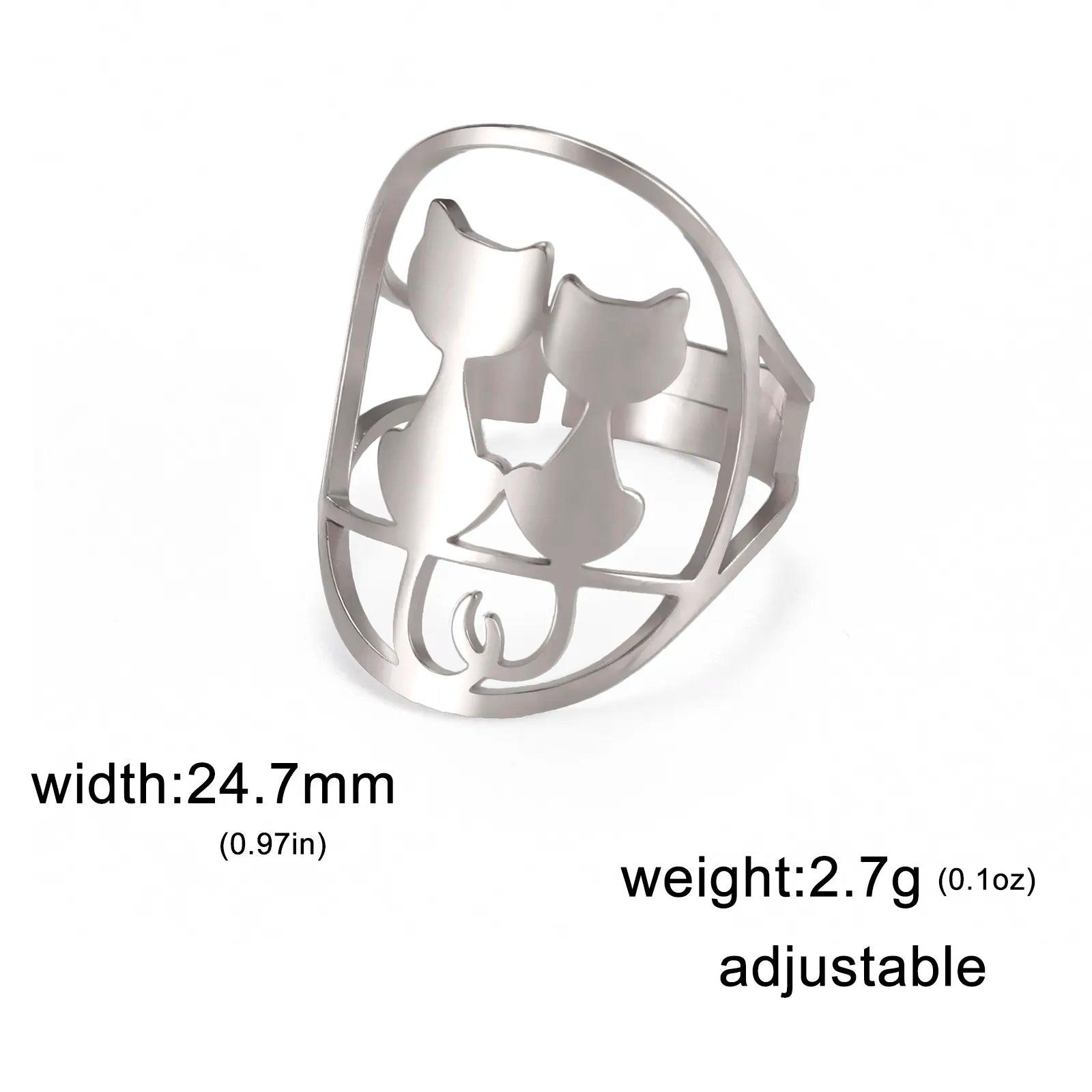 Stainless Steel Ring 2 or 3 cats, Adjustable - Just Cats - Gifts for Cat Lovers