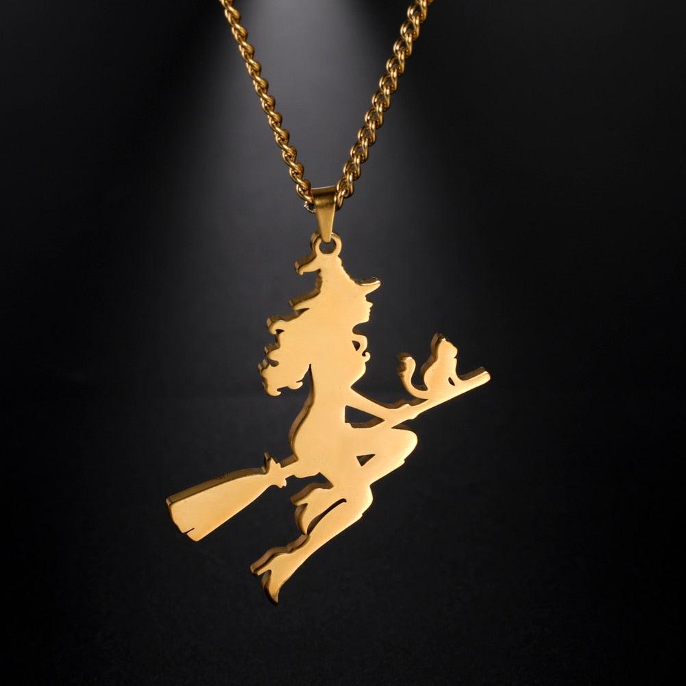 Stainless Steel Witch on broom and cat Pendant Necklace Gold/Solver/Black - Just Cats - Gifts for Cat Lovers