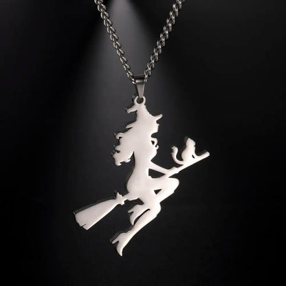 Stainless Steel Witch on broom and cat Pendant Necklace Gold/Solver/Black - Just Cats - Gifts for Cat Lovers